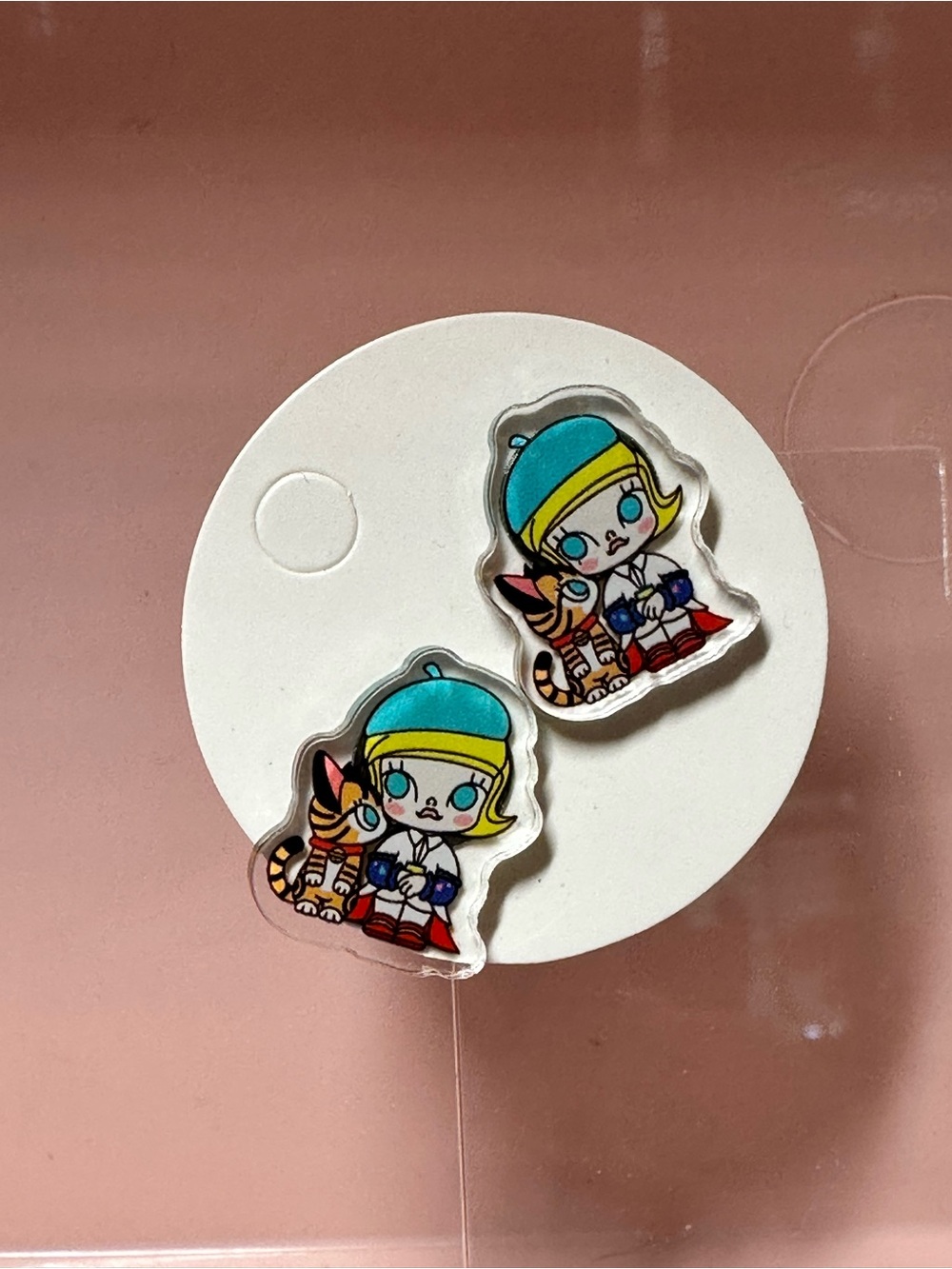 Cute Cartoon Girl & Cat Acrylic Stud Earrings in Teal and Yellow